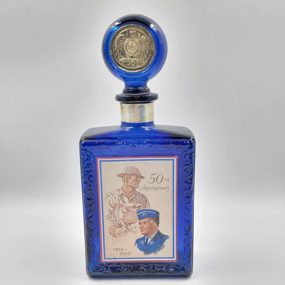 J. W. Dant Whiskey Decanter American Legion 50th Cobalt Blue Patriotic Bottle